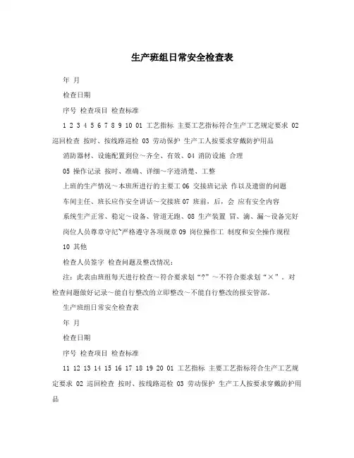 生产班组日常安全检查表