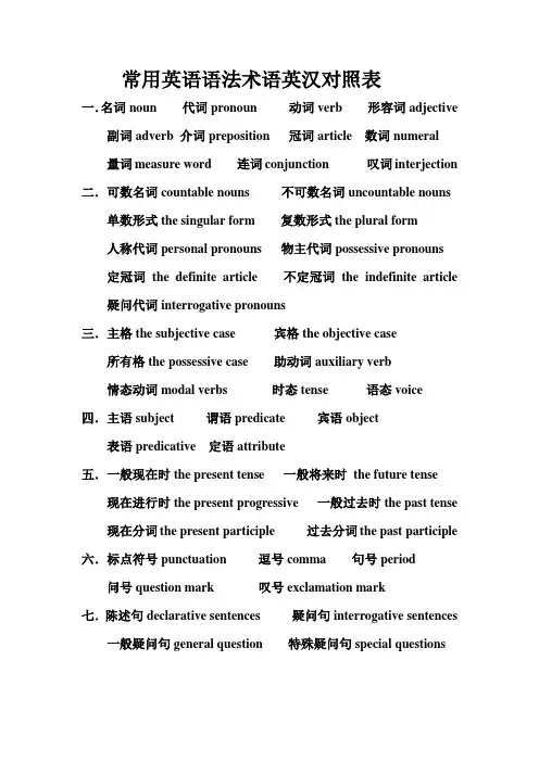 常用英语语法术语英汉对照表