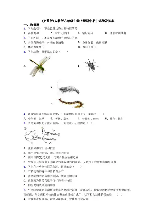 (完整版)人教版八年级生物上册期中期中试卷及答案
