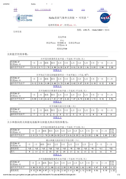 NASA表面气象和太阳能 - 可用表“