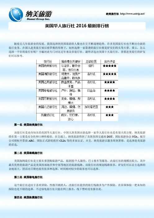 美国华人旅行社2016最新排行榜