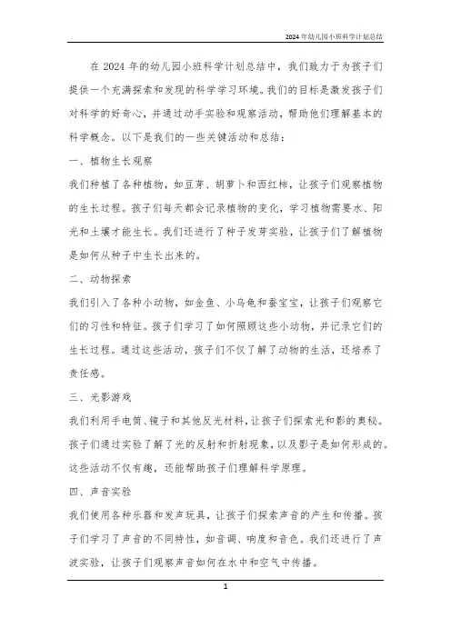 2024年幼儿园小班科学计划总结