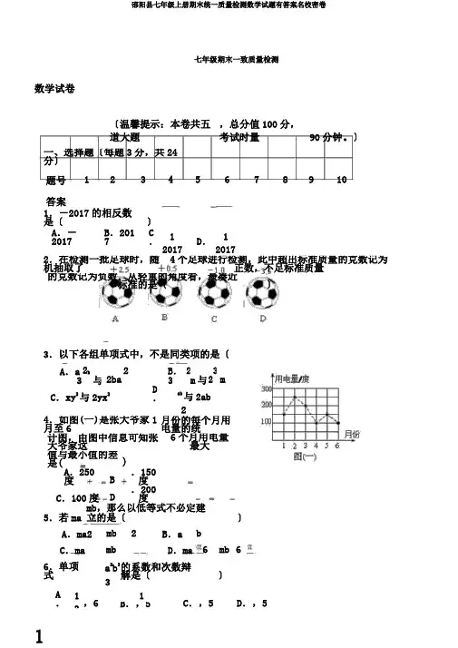 邵阳县七年级上册期末统一质量检测数学试题有答案名校密卷