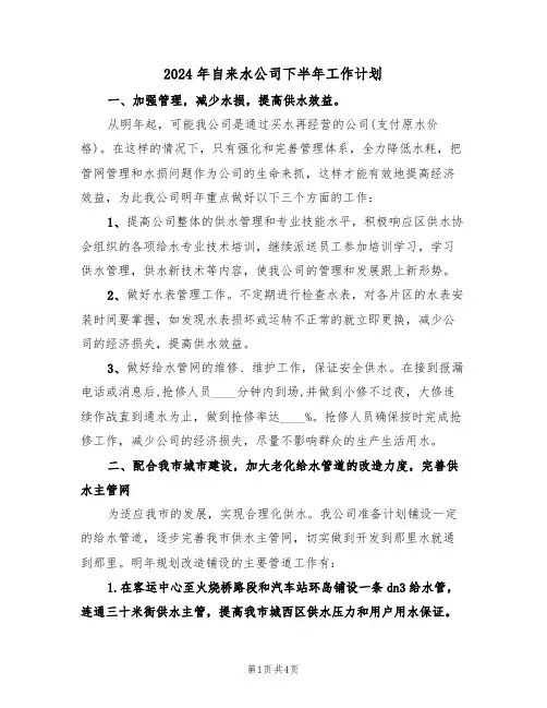 2024年自来水公司下半年工作计划（二篇）