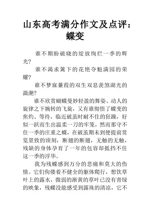 山东高考满分作文及点评：蝶变