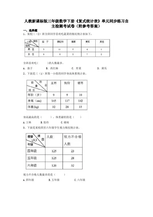 人教新课标版三年级数学下册《复式统计表》单元同步练习自主检测考试卷(附参考答案)
