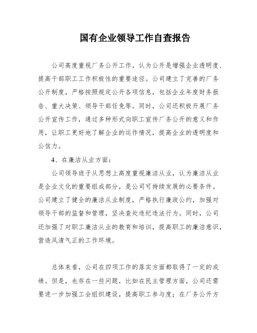 国有企业领导工作自查报告