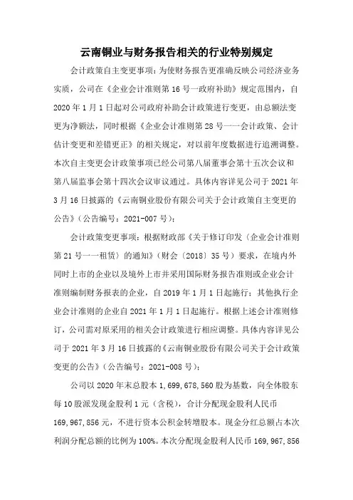 云南铜业与财务报告相关的行业特别规定