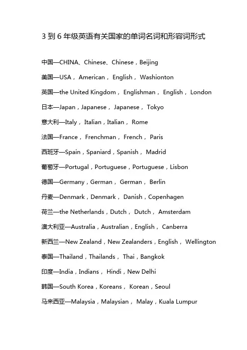 3到6年级英语有关国家的单词名词和形容词形式
