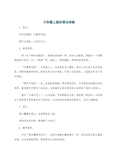 六年级上册必背古诗表