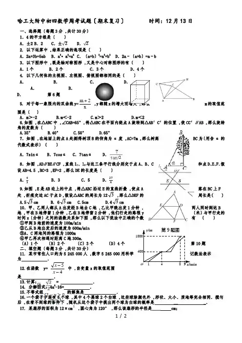 哈工大附中度初四(五四制)12月周考 数学试题(无答案)