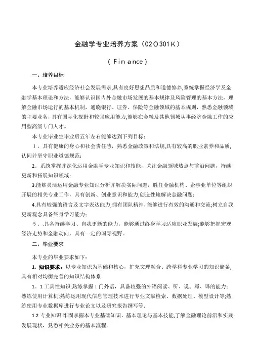 金融学专业培养计划020301K001