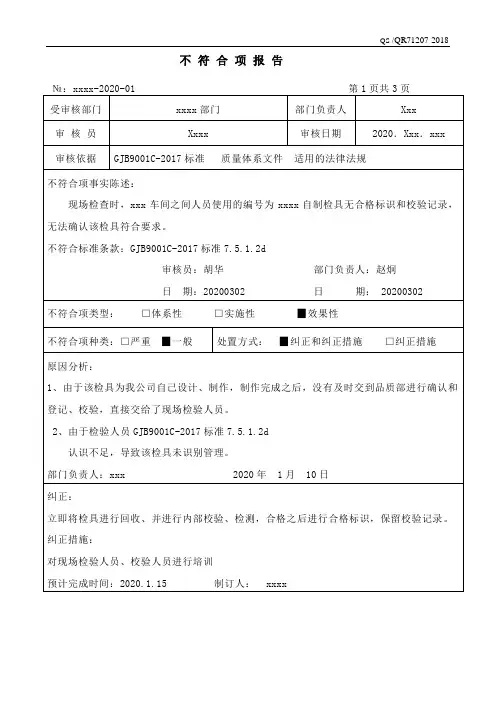 2020年GJB9001C质量体系内审不合格项模板