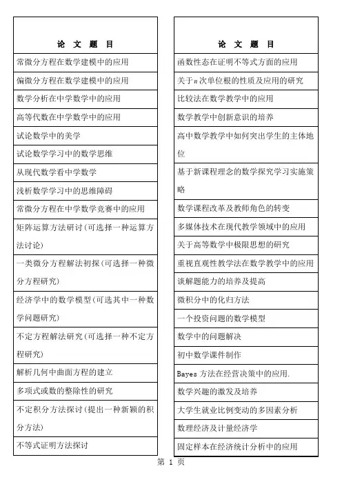 数学与应用数学专业毕业论文参考选题