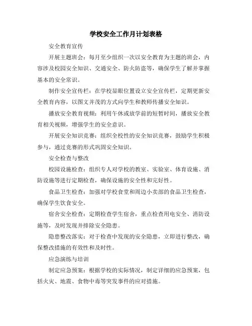 学校安全工作月计划表格