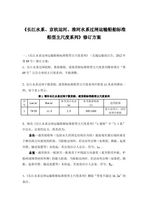 《长江水系、京杭运河、淮河水系过闸运输船舶标准船型主尺度系列》修订方案