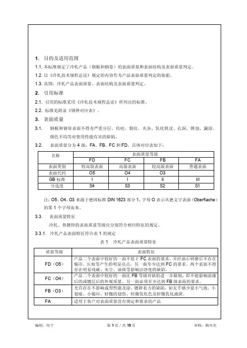 [冷轧产品表面质量判定标准]马钢