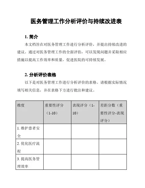 医务管理工作分析评价与持续改进表