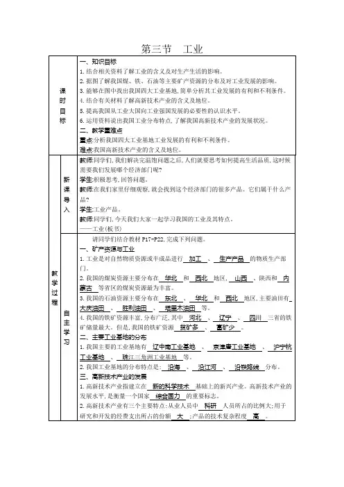 4.3工业教案(表格式)中图版地理七年级下册