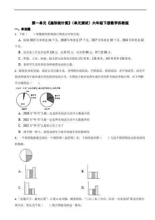 第一单元《扇形统计图》(单元测试)六年级下册数学苏教版(含答案)