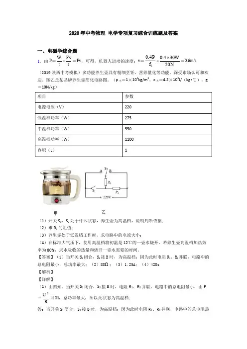 2020年中考物理 电学专项复习综合训练题及答案