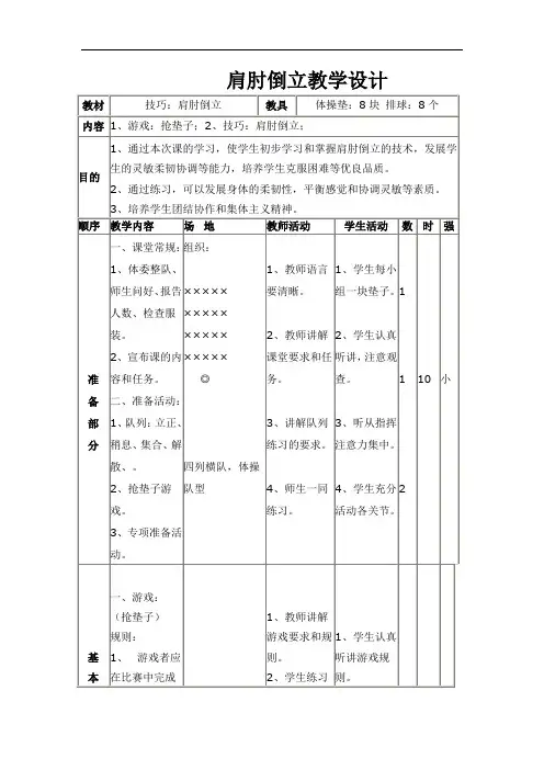 小学体育_肩肘倒立教学设计学情分析教材分析课后反思