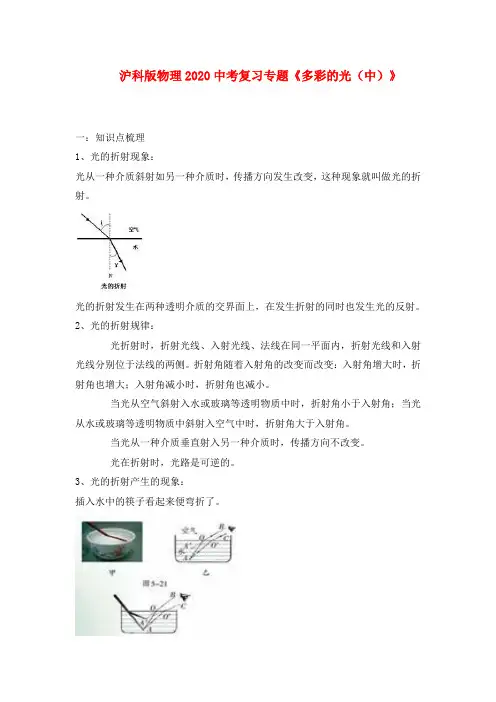 2020年中考物理复习专题 《多彩的光(中)》沪科版