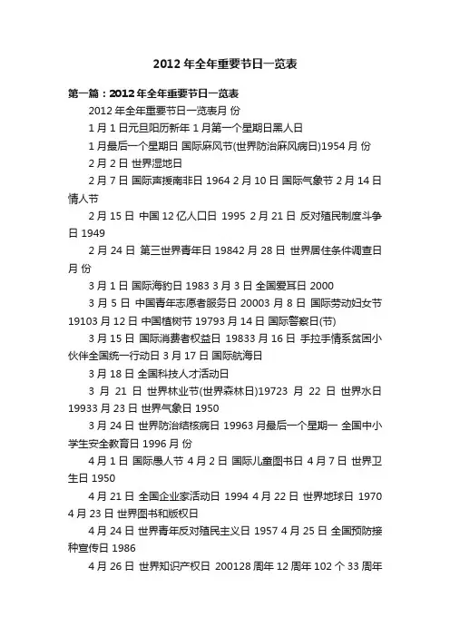 2012年全年重要节日一览表