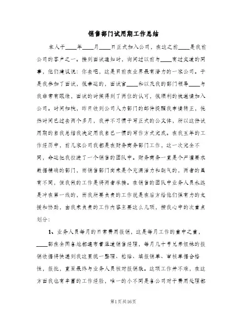 销售部门试用期工作总结（4篇）