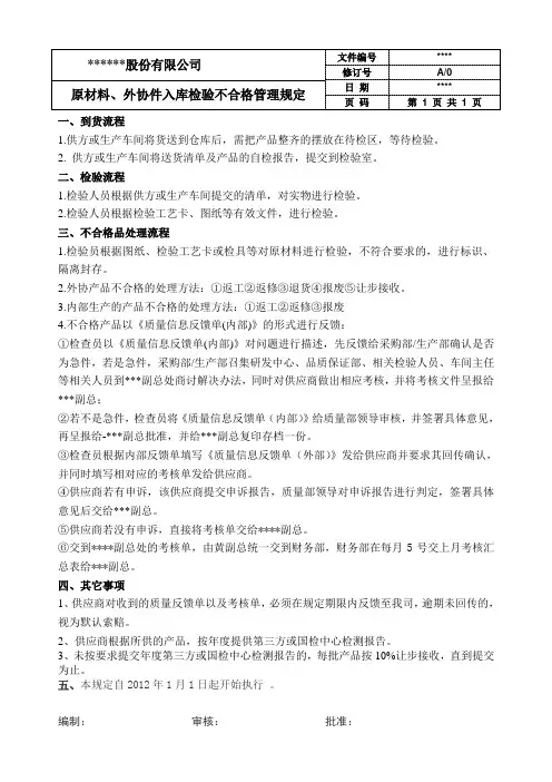 原材料、外协件入库不合格管理规定