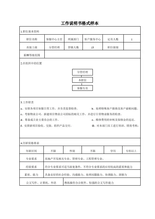 房地产公司客服中心职位说明书