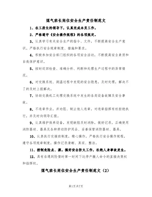 煤气班长岗位安全生产责任制范文（3篇）