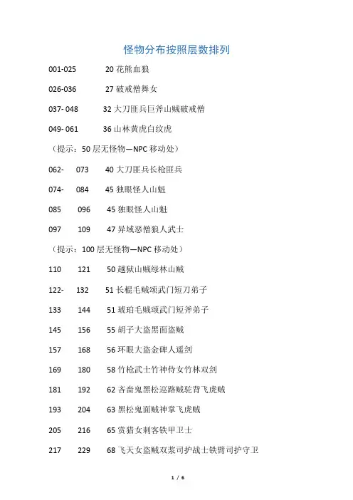 九泉怪物分布 按照层数排列