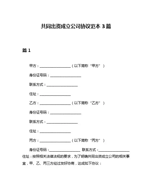 共同出资成立公司协议范本3篇