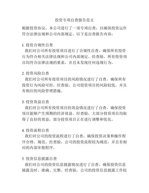 投资专项自查报告范文