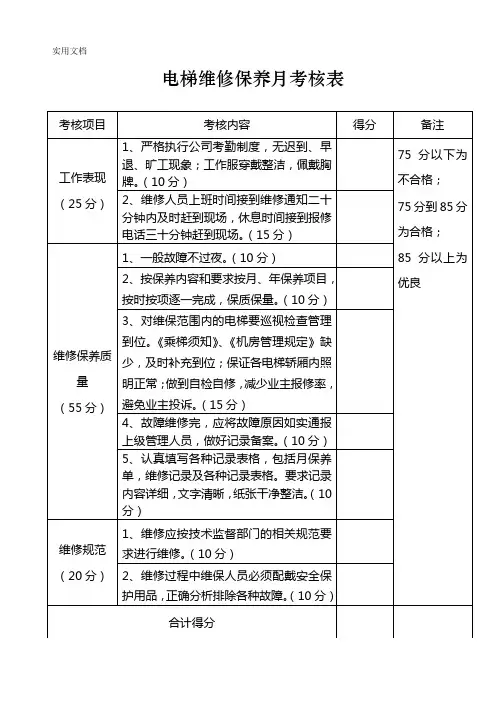 电梯维修工考核表