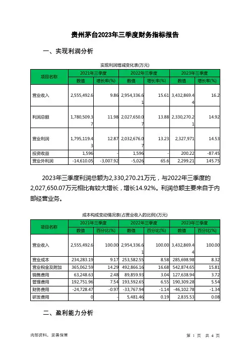 600519贵州茅台2023年三季度财务指标报告
