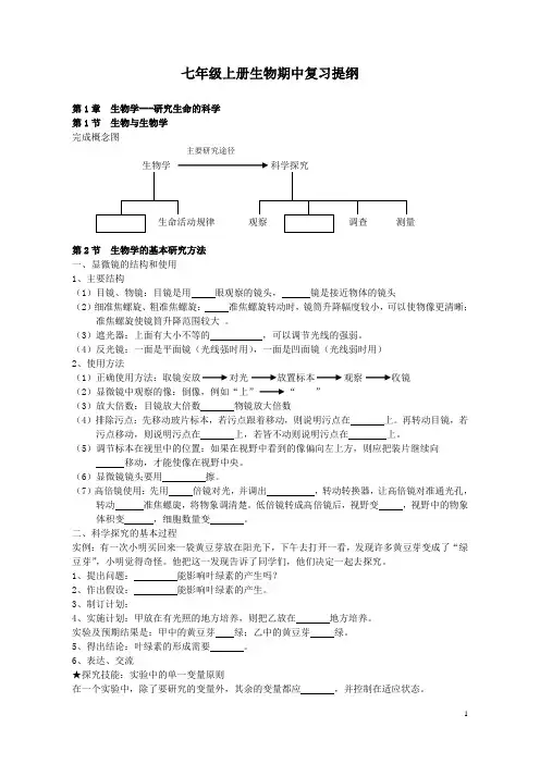 七年级上册期中考试生物复习提纲