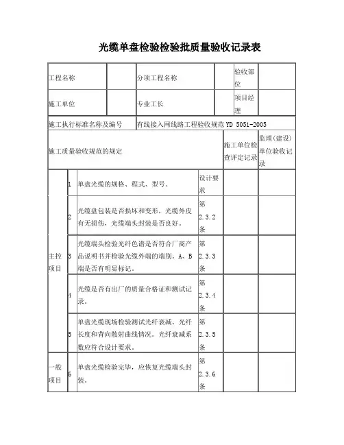 单盘光缆检验批质量验收记录表