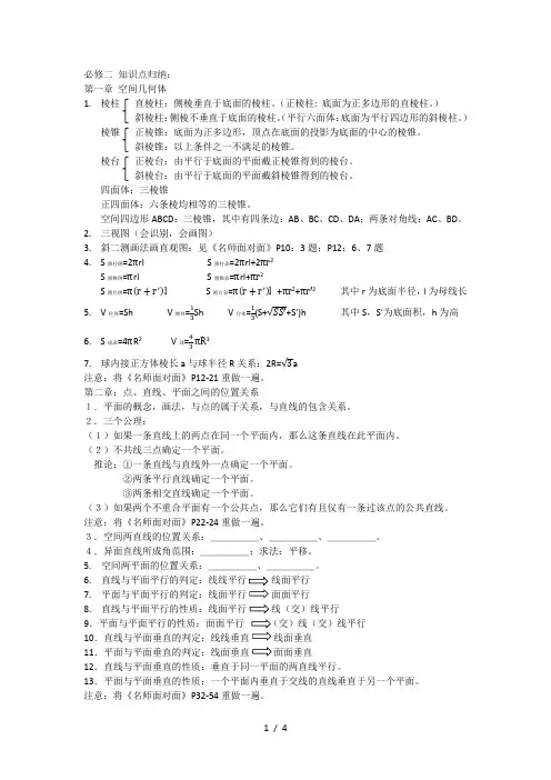 高中数学必修二选修2-1知识点归纳