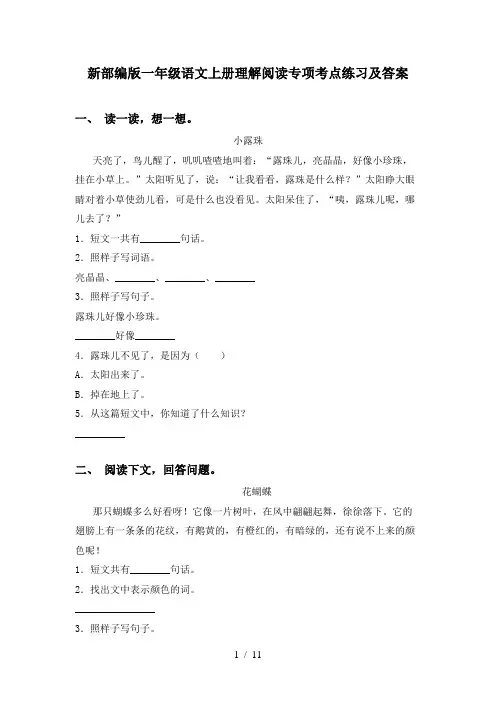 新部编版一年级语文上册理解阅读专项考点练习及答案