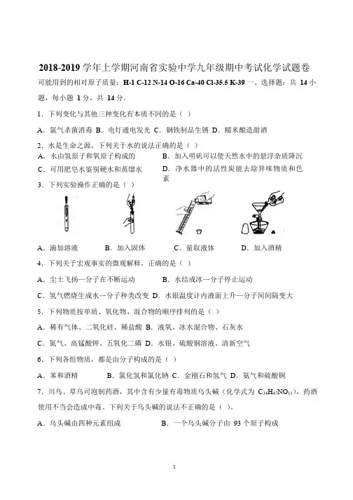 2018-2019学年上学期河南省实验九年级期中考试 化学试卷及答案