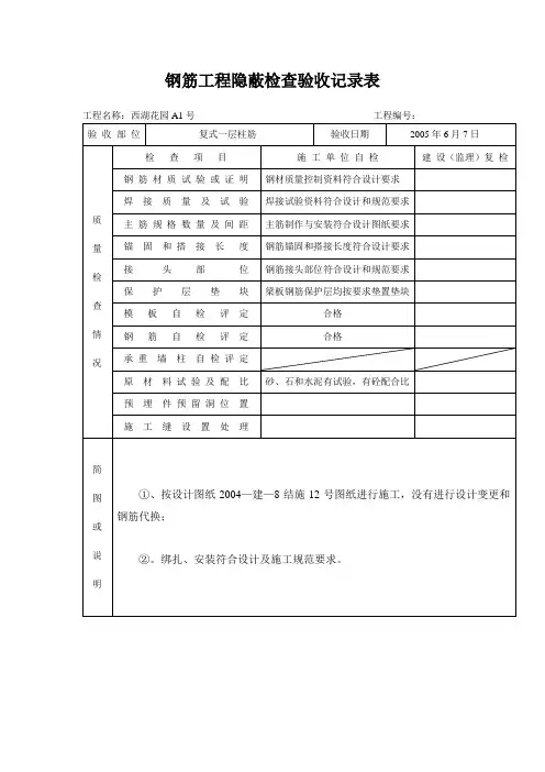 XX建筑公司工程钢筋工程隐蔽检查验收记录表
