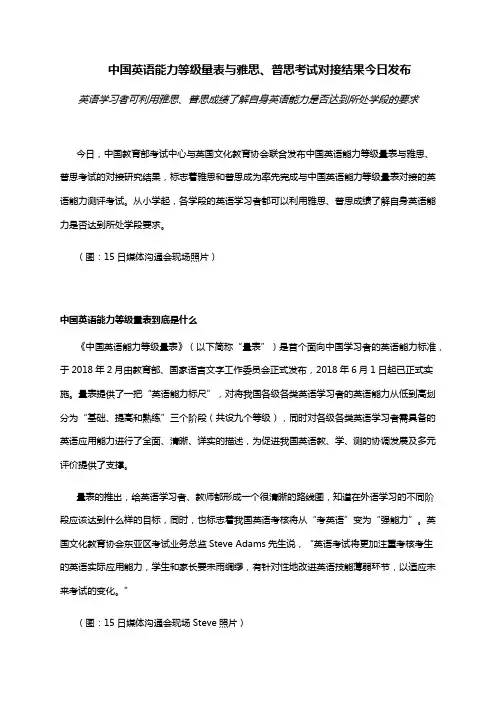 中国英语能力等级量表与雅思、普思考试对接结果