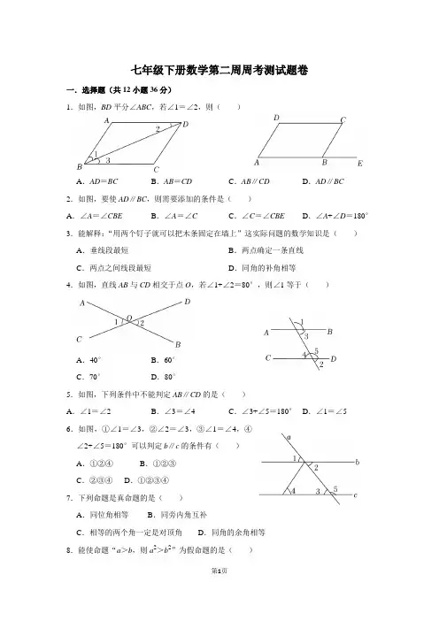 七年级下册数学第二周周考测试题