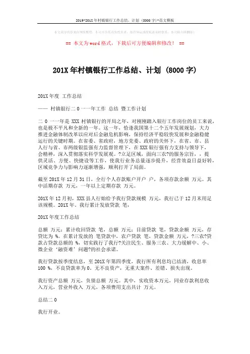2019-201X年村镇银行工作总结、计划 (8000字)-范文模板 (8页)