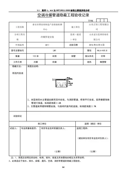 空调冷媒  管道隐蔽工程验收记录