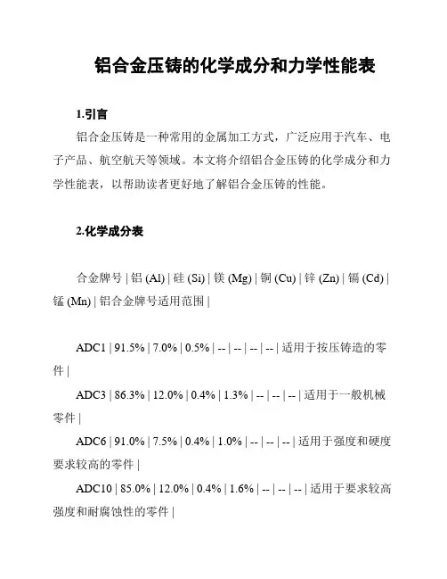 铝合金压铸的化学成分和力学性能表