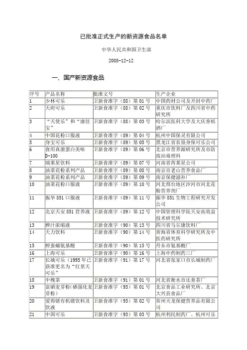 已批准正式生产的新资源食品名单