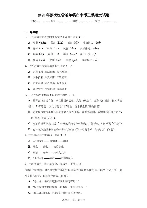 2023年黑龙江省哈尔滨市中考三模语文试题(含解析)